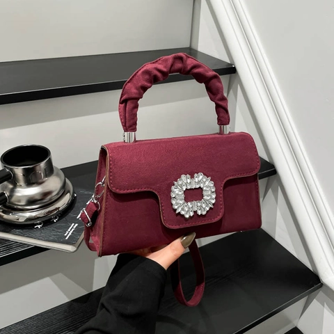 Elegante Borsa A Mano Pelle PU Trama Scamosciata Opaca Fibbia Strass Manico Arricciato Borsa A Tracolla Versatile Donna