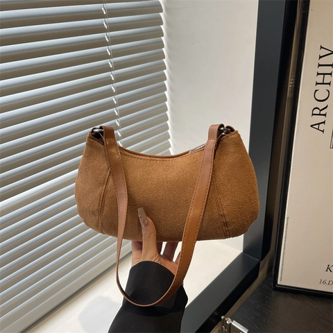 Borsa A Tracolla Retro In Camoscio Opaco Da Donna Borsa Hobo Mezzaluna Minimalista Casual Quotidiana Versatile Chiusura Lampo