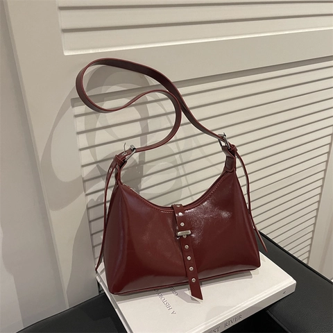 Damen Unterarm Hobo Tasche Französisch Retro PU Leder Nieten Deko Verstellbarer Riemen Schulter Minimalistisch