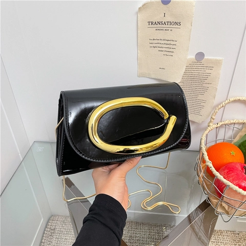 Bolso De Hombro Mujer Cuero PU Charol Brillante Hebilla Metal Dorado Cadena Bolso Cuadrado Pequeño Chic Color Sólido