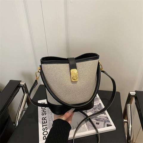 Bolso De Cubo Patchwork De Moda Lona Cuero PU Bolso De Hombro Cruzado Con Cierre De Metal Dorado Retro Color Contrastado Mujer