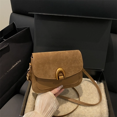 Retro Women Shoulder Crossbody Bag Suede PU Leather Patchwork Flap Horseshoe Metal Buckle Simple Winter Casual Handbag