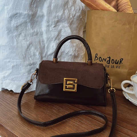 Borsa A Tracolla Retro Da Donna In Camoscio E Pelle PU Splicing Borsa A Mano Borsa A Tracolla Piccola Borsa Quadrata Con Fibbia Dorata