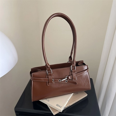 Bolso De Axila De Cuero PU Vintage Para Mujer Gran Capacidad Bolso De Hombro Simple Para Viaje Con Hebilla
