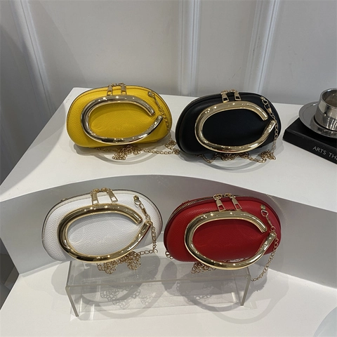 Women PU Leather Crossbody Bag With Metal C Handle Chain Strap Semi-Oval Double Zipper Versatile Fashion Handbag