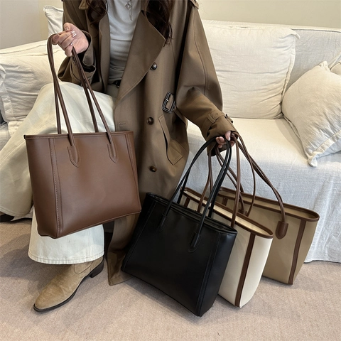 Damen Retro PU Leder Tote Bag Große Kapazität Street Fashion Kontrastfarbe Schultertasche Minimalistisch Alltag Handtasche