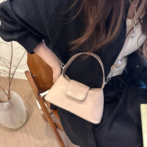 French Style PU Leather Crossbody Bag Women Fashion Top Handle Handbag Removable Shoulder Strap Elegant Baguette Bag