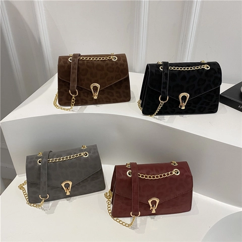 Borsa A Spalla Stampa Leopardata Opaca PU Scamosciata Tracolla Catena Metallo Patta Quadrata Moda Donna Stile Retrò