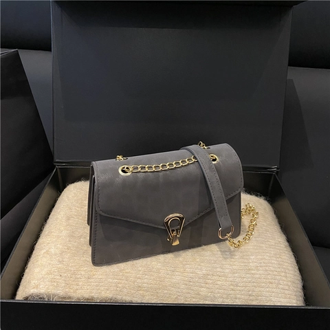 Borsa A Spalla Stampa Leopardata Opaca PU Scamosciata Tracolla Catena Metallo Patta Quadrata Moda Donna Stile Retrò