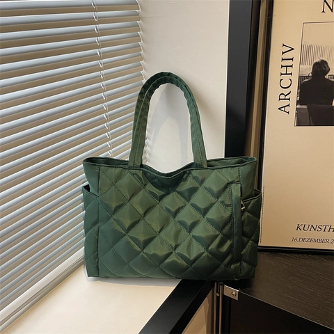 Borsa Tote Trapuntata Grande Capacità Borsa A Mano Spalla In Tessuto Imbottito Leggero Con Tasche Laterali Da Donna Casual