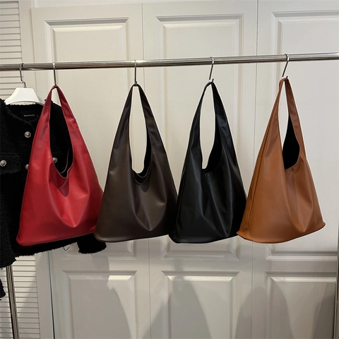 Minimalist Large Capacity Hobo Shoulder Bag PU Leather Solid Color Wide Strap Commuter Tote Bag For Women