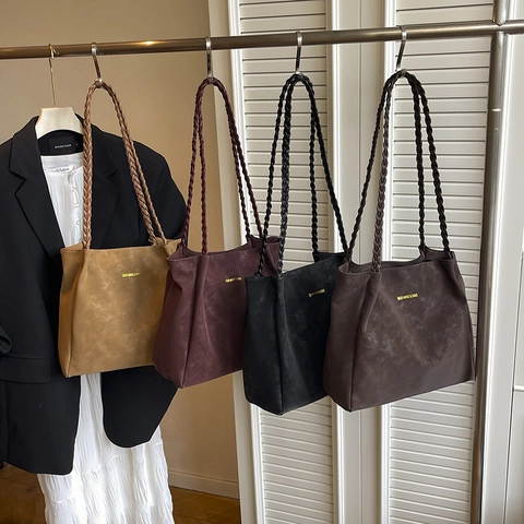 Large Capacity Tote Bag Matte PU Leather Suede Texture Braided Shoulder Strap Vintage Korean Style Handbag For Women