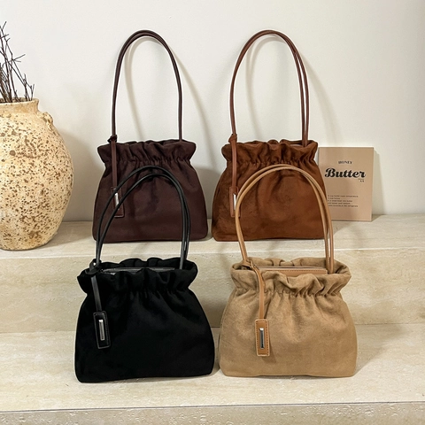 Borsa A Secchiello Pieghettata In Camoscio Minimalista Francese Coulisse Borsa A Spalla Da Donna Vintage Versatile
