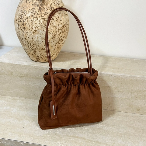 Borsa A Secchiello Pieghettata In Camoscio Minimalista Francese Coulisse Borsa A Spalla Da Donna Vintage Versatile