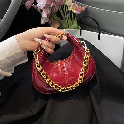 Mini Patent Leather Hobo Bag Women Glossy Crescent Handbag With Gold Chain Decoration Crossbody Shoulder Bag