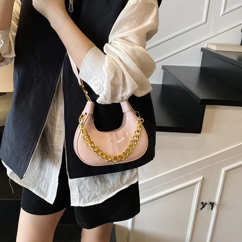 Mini Patent Leather Hobo Bag Women Glossy Crescent Handbag With Gold Chain Decoration Crossbody Shoulder Bag