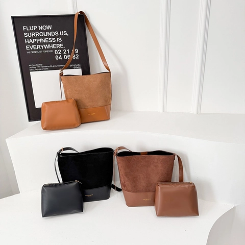 Set Borsa A Secchiello E Pochette Da Donna Pelle PU Camoscio Cuciture A Contrasto Grande Capacità Borsa A Tracolla Retro