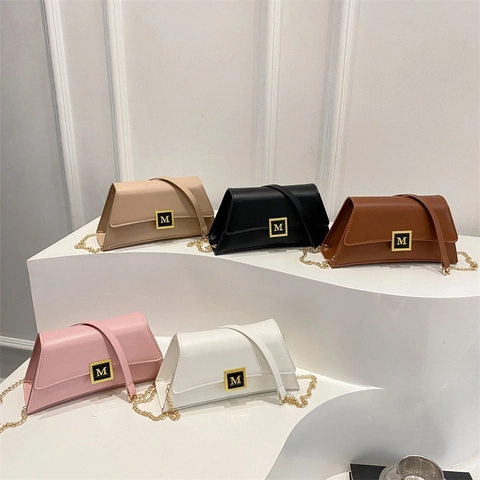 Women PU Leather Crossbody Bag M Letter Metal Buckle Chain Shoulder Strap Small Square Bag Autumn Winter Trendy Bag
