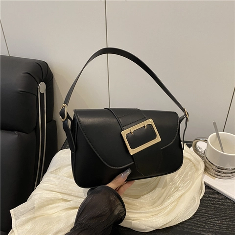 Women PU Leather Underarm Shoulder Bag Vintage Baguette Handbag With Large Gold Metal Buckle Solid Color Versatile Urban Style