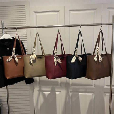 Women Large Capacity PU Leather Tote Bag Fashion Casual Shoulder Bag With Decorative Scarf Solid Color Elegant Handbag
