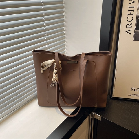 Women Tote Bag Large Capacity PU Leather Minimalist Shoulder Bag With Satin Scarf Decor Commuter Fashion