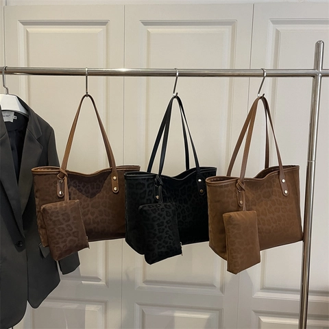Sac Fourre-Tout À Imprimé Léopard Et Pochette Grande Capacité Texture Daim Rivet Mode Sac À Main Épaule Pour Femme Style Rue