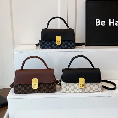 Vintage Women Monogram M Letter Crossbody Handbag Contrast Color PU Leather Square Bag With Gold Metal Turn Lock