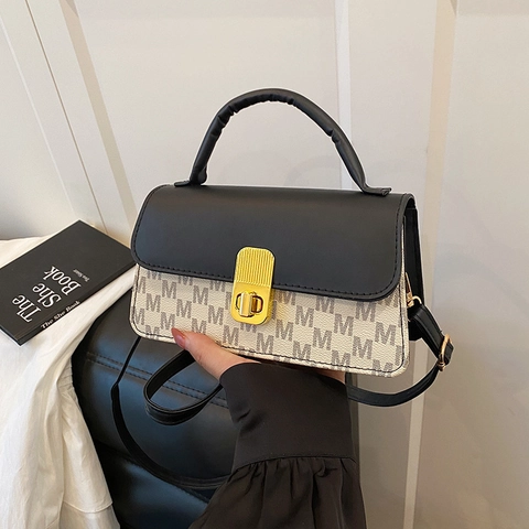 Vintage Women Monogram M Letter Crossbody Handbag Contrast Color PU Leather Square Bag With Gold Metal Turn Lock