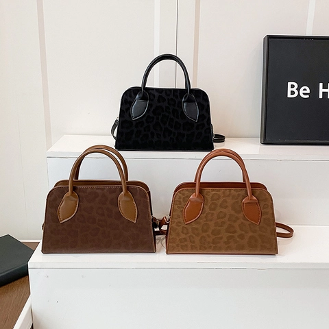 Vintage Leopard Print Handbag PU Leather Suede Shoulder Bag Crossbody For Women Commuter Autumn Winter Trapezoid