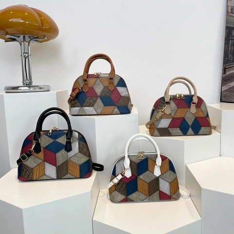 Geometrische Patchwork Muschel Handtasche Color Block Kunstleder Umhängetasche Abnehmbarer Gurt Mode Retro Für Damen