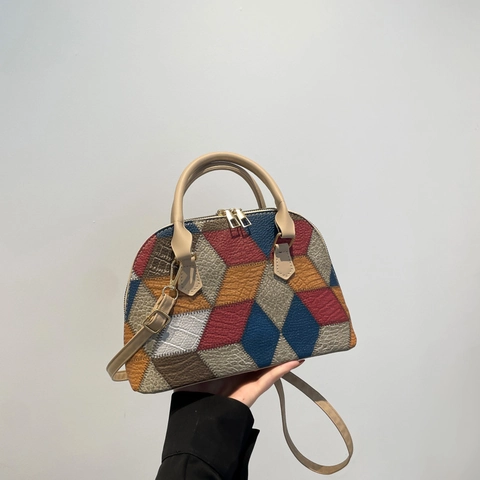 Geometrische Patchwork Muschel Handtasche Color Block Kunstleder Umhängetasche Abnehmbarer Gurt Mode Retro Für Damen