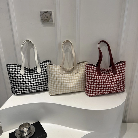 Houndstooth Tote Tas Grote Capaciteit Geweven Stof Schoudertas Chic Commuter Vintage Voor Vrouwen