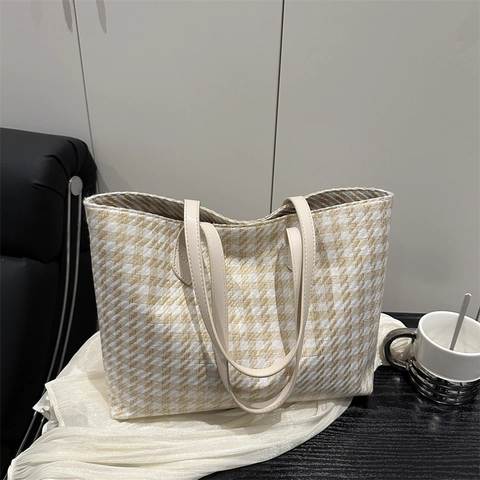 Houndstooth Tote Tas Grote Capaciteit Geweven Stof Schoudertas Chic Commuter Vintage Voor Vrouwen