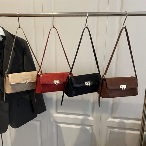 French Retro Baguette Bag Women PU Suede Stitching Shoulder Underarm Handbag Gold Lock Buckle Chic