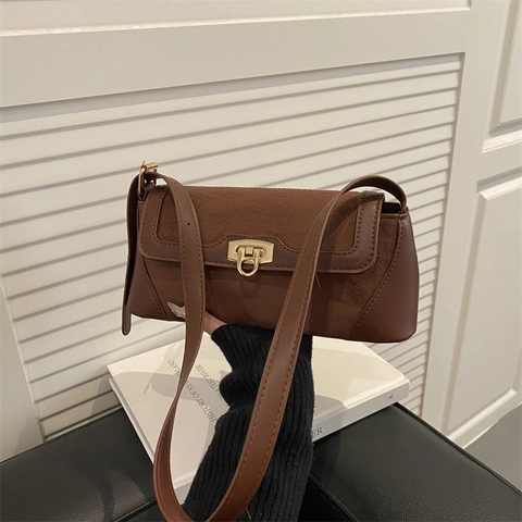 French Retro Baguette Bag Women PU Suede Stitching Shoulder Underarm Handbag Gold Lock Buckle Chic