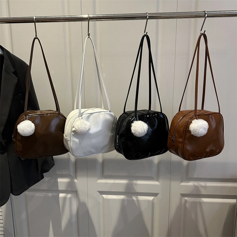 Women's Trendy Glossy PU Leather Small Square Shoulder Bag With Plush Ball Charm Niche Design Casual Fashion Handbag