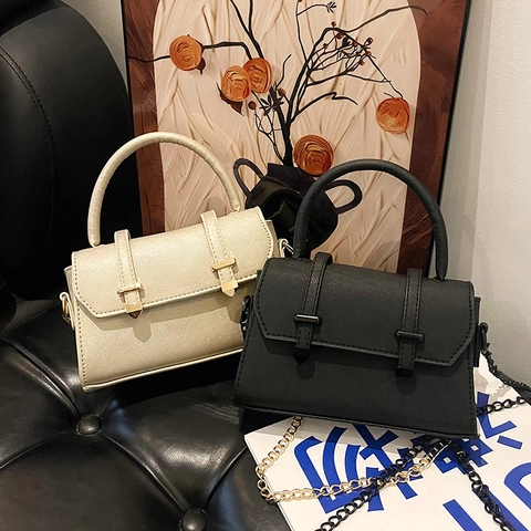 Chic Small Square Crossbody Bag Saffiano PU Leather With Metal Chain Strap Top Handle Elegant Vintage Handbag For Women