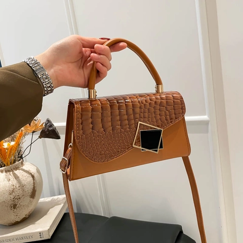 Sac à Épaule pour Femmes Motif Crocodile Sac à Bandoulière en Cuir PU Avec Boucle Métallique Carrée Géométrique