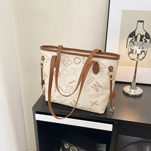 Frauen Buchstaben Print Tote Bag PU Leder Große Kapazität Monogramm Schulter Handtasche Alltag Pendeln Retro Elegant
