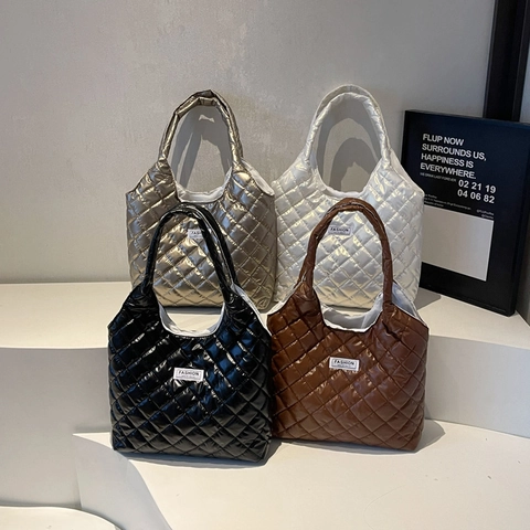 Damen Gesteppte Puffer Tote Bag Große Kapazität Glänzendes Nylon Leichte Lässige Umhängetasche Für Den Täglichen Arbeitsweg