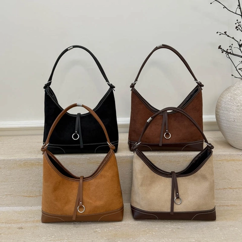 Retro Suede PU Leer Color Block Hobo Okseltas Contraststiksel Metalen Ring Decor Dames Veelzijdige Schoudertas