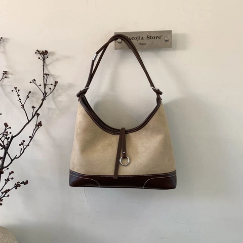 Retro Minimalist Hobo Shoulder Bag Women Suede PU Leather Splicing Large Capacity Underarm Bag Contrast Stitching Metal Ring