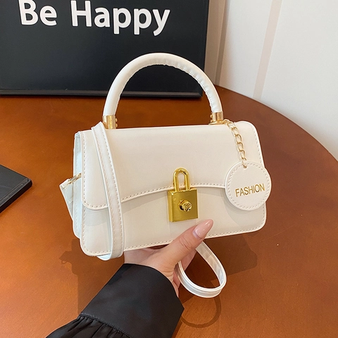 Women Small Square Bag PU Leather Crossbody Handbag With Golden Lock Round Fashion Tag Commute Trendy Solid Color
