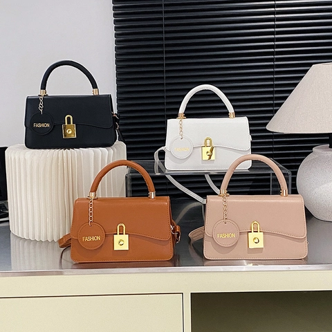 Women Small Square Bag PU Leather Crossbody Handbag With Golden Lock Round Fashion Tag Commute Trendy Solid Color