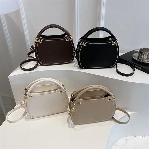 Women Shoulder Bag PU Leather Top Handle Crossbody Purse With Golden Ring Decor Solid Color Versatile Elegant Handbag