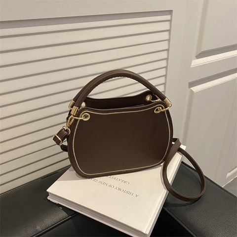 Women Shoulder Bag PU Leather Top Handle Crossbody Purse With Golden Ring Decor Solid Color Versatile Elegant Handbag