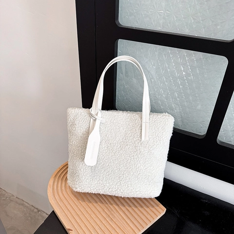 Borsa A Spalla In Peluche Da Donna Tote In Lana D'Agnello Casual Versatile Manico In Ecopelle Autunno