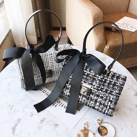 Elegant Tweed Handbag With Large Satin Bowknot Contrast Color Crossbody Shoulder Bag For Women French Chic Fashion