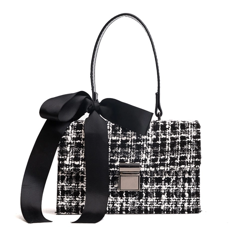 Dames Tweed Crossbody Handtas Met Grote Zwarte Satijnen Strik Elegante Pied-De-Poule Schoudertas Modieuze Tas