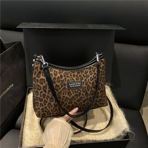 Retro Leopard Print Underarm Shoulder Bag Women Canvas Fabric Handbag With Adjustable Strap Metal Buckle Zipper Closure